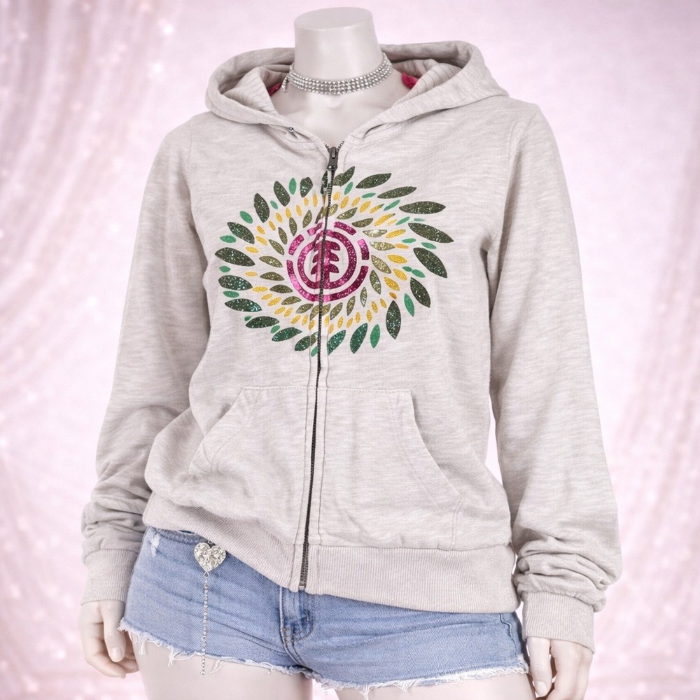 Y2K Element Hoodie Womens Small Skater Beige 2000s Grunge Full Zip